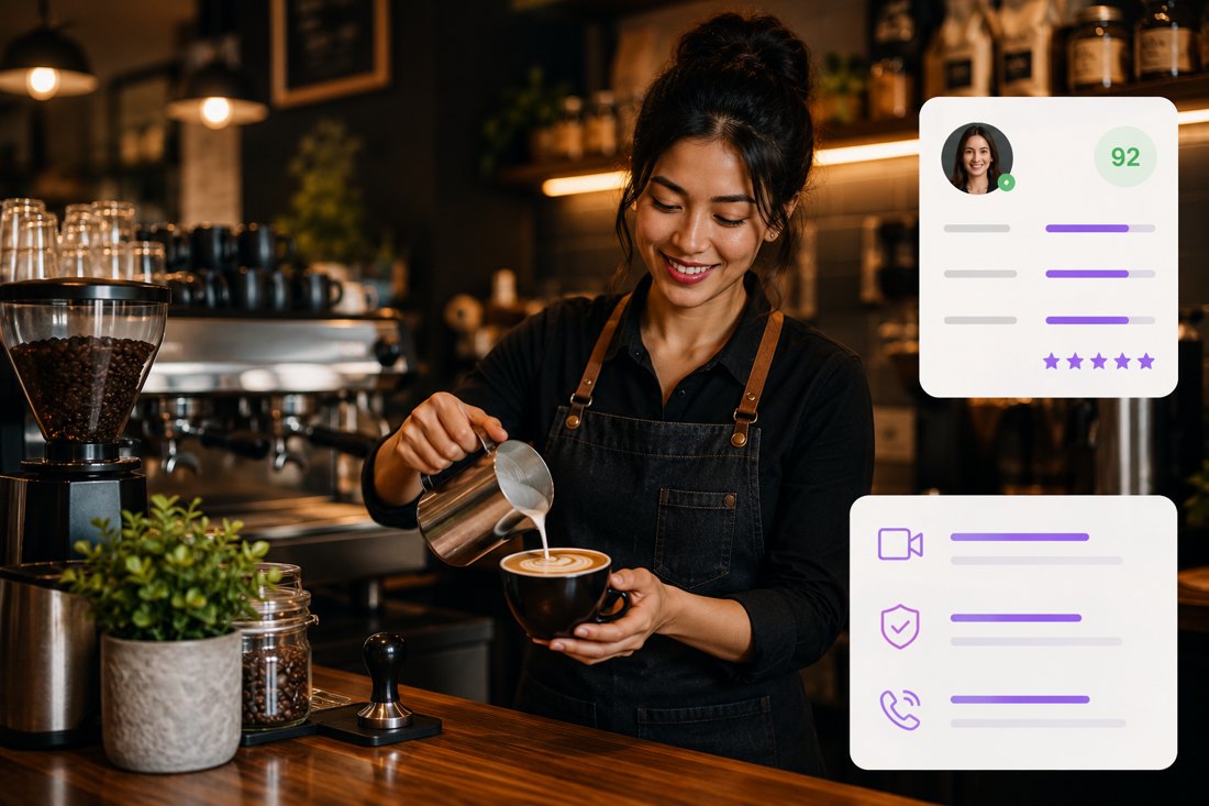 Barista pouring latte art beside an AI scorecard rating coffee craft, guest experience and communication