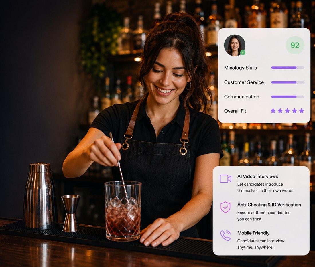 Bartender stirring a cocktail beside an AI scorecard rating mixology skills, customer service and communication