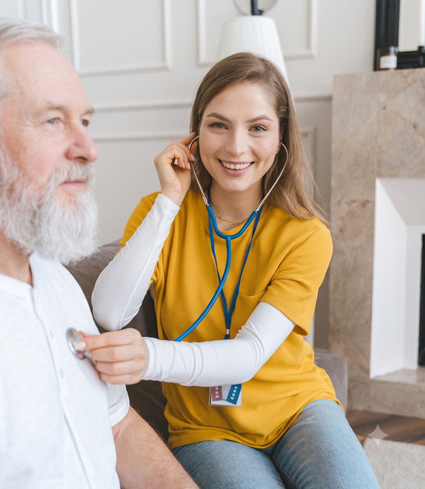 Home care nurse checking an elderly man's heartbeat with a stethoscope, both smiling