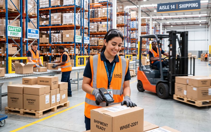 Warehouse team scanning shipment-ready boxes on a busy fulfilment floor