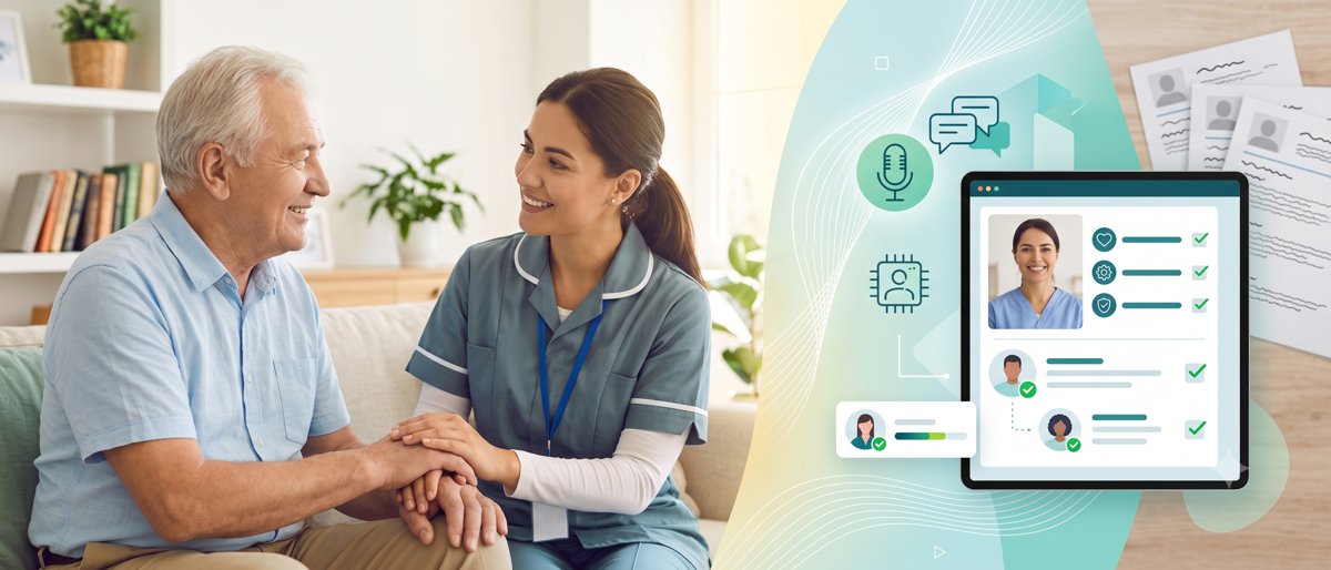 Home carer holding an elderly man's hands beside an AI candidate-screening dashboard