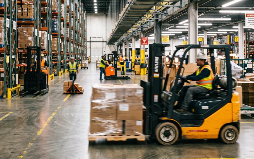 Forklift moving a wrapped pallet through a busy warehouse operation
