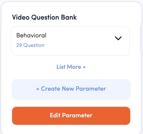 Video Question Bank showing a Behavioral parameter with 29 questions, plus Create New Parameter and Edit Parameter controls