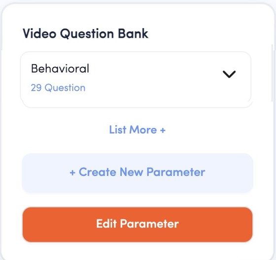Video Question Bank showing a Behavioral parameter with 29 questions, plus Create New Parameter and Edit Parameter controls