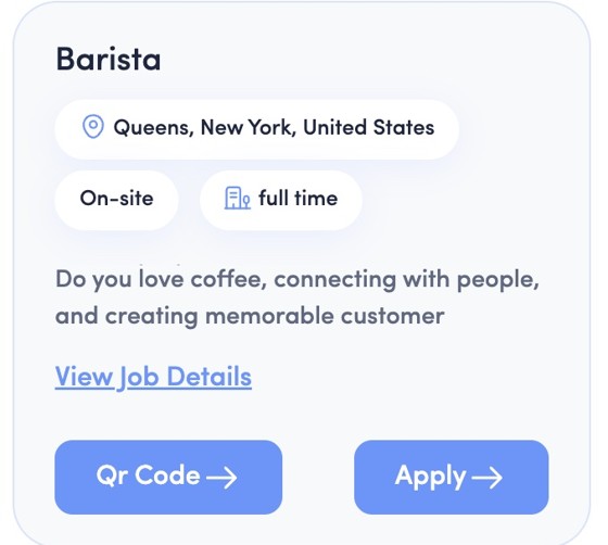 Barista job posting in Queens, New York with on-site and full-time tags, View Job Details link, and QR Code and Apply buttons