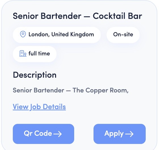Senior Bartender job posting for a London cocktail bar with on-site and full-time tags, View Job Details link, and QR Code and Apply buttons
