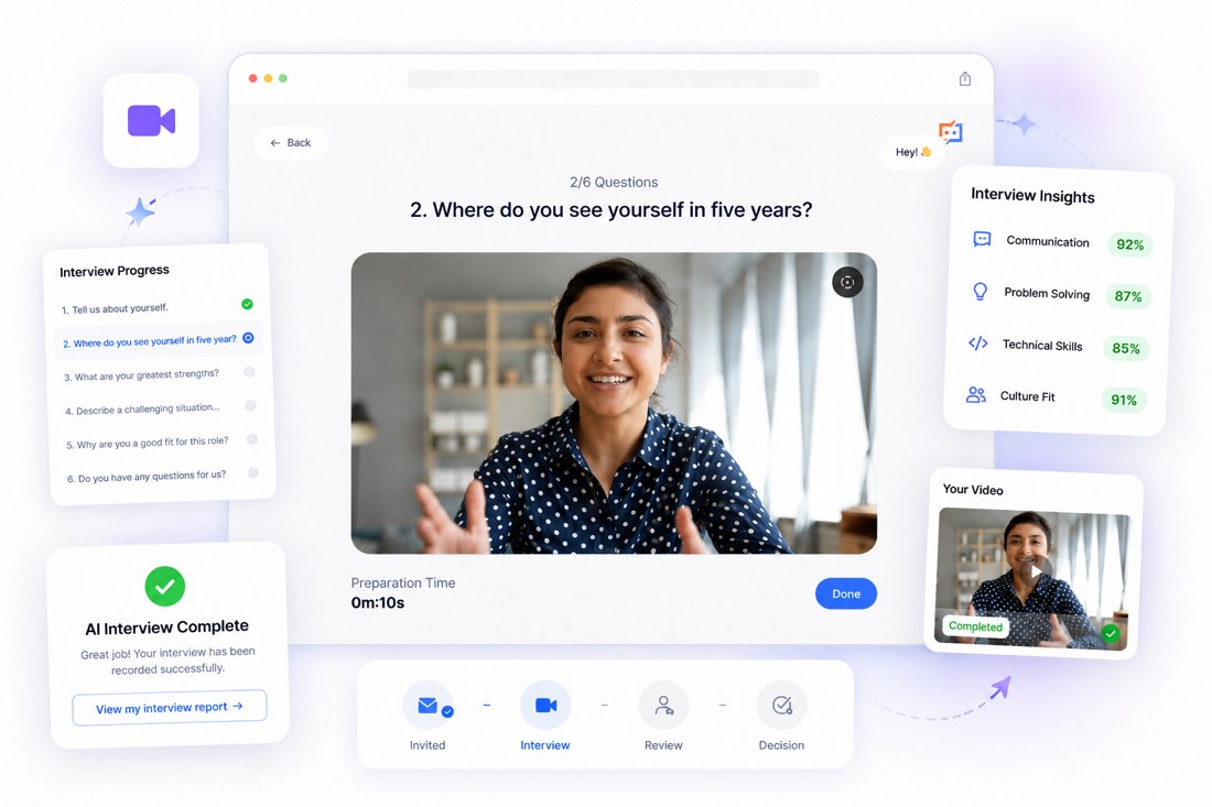 Asynchronous video interview in progress: question progress list, candidate recording her answer, AI interview insights scoring communication, problem solving, technical skills and culture fit, and the invited-interview-review-decision pipeline