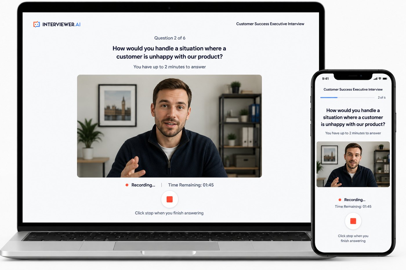 Asynchronous video interview shown on laptop and phone: candidate recording a timed one-way answer to a Customer Success interview question on Interviewer.AI