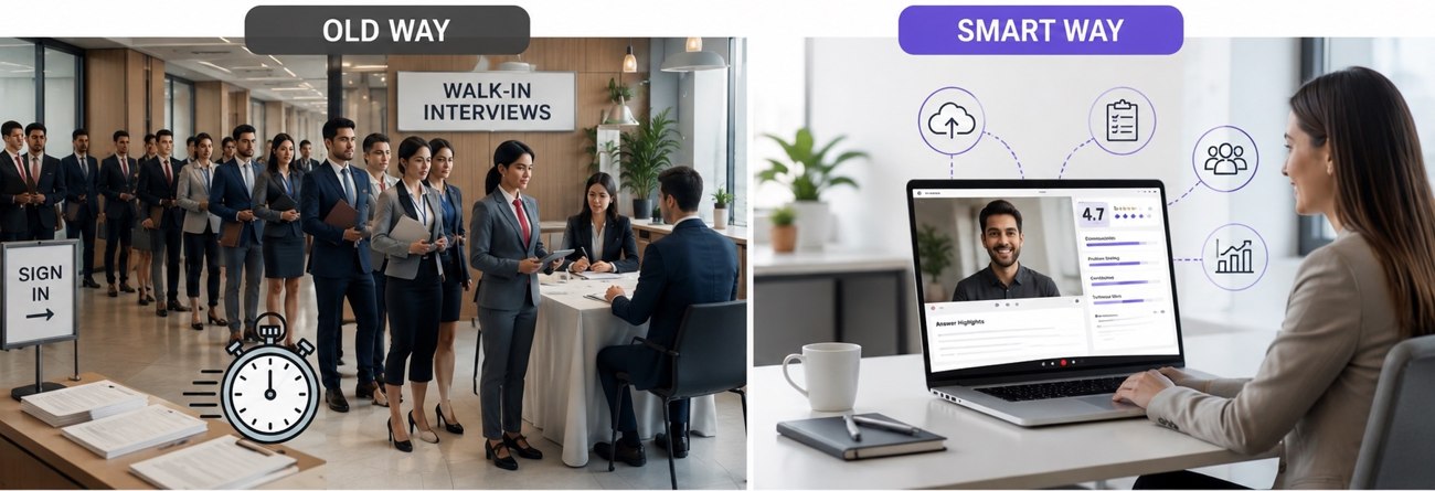 Old way: candidates queueing down a corridor for walk-in interviews while a recruiter works through them one by one. Smart way: a recruiter reviewing a recorded AI video interview with a 4.7 candidate score and answer highlights on a laptop